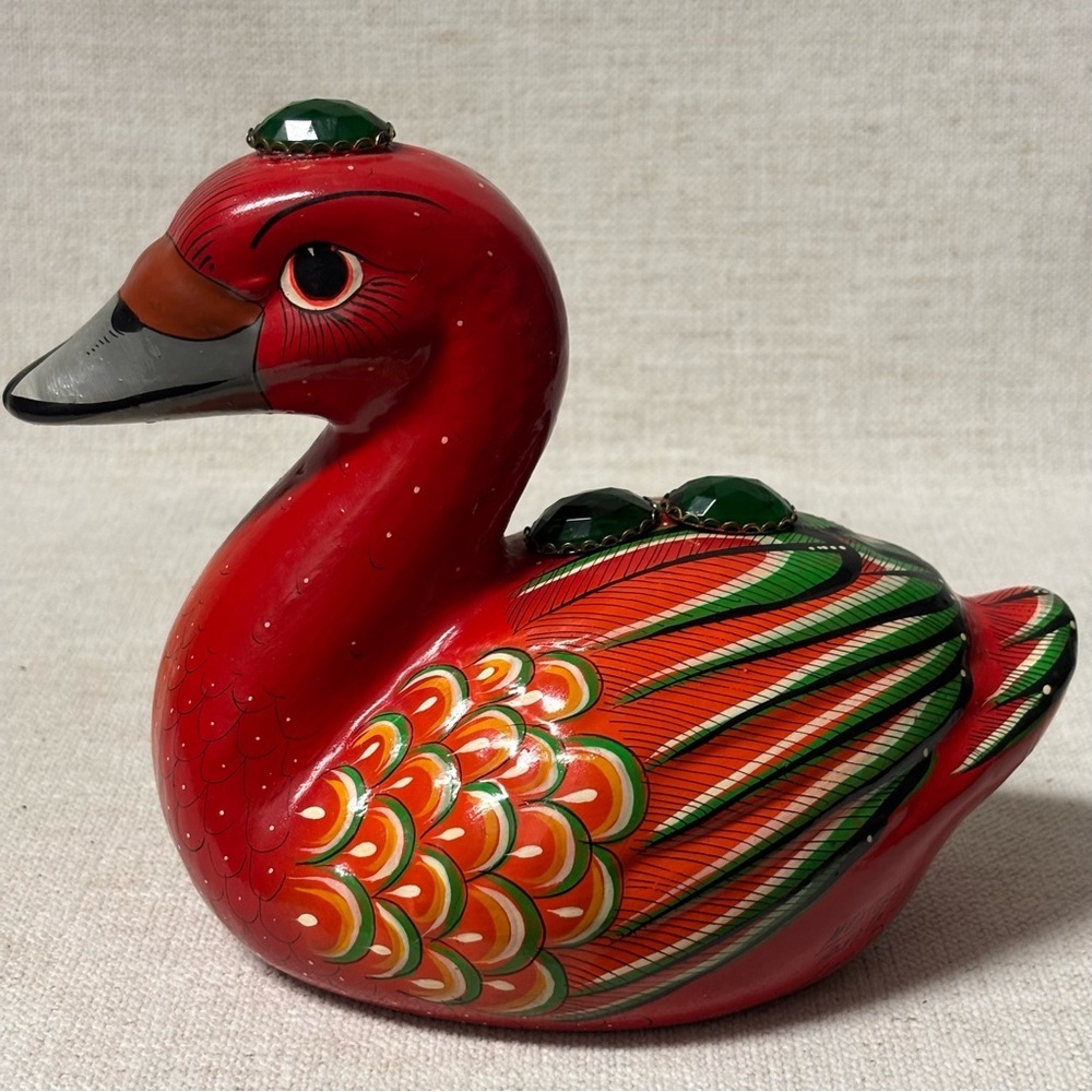 Vintage Tonala Mexican Pottery Clay Duck Folk Art Hand Painted Mexico Signed